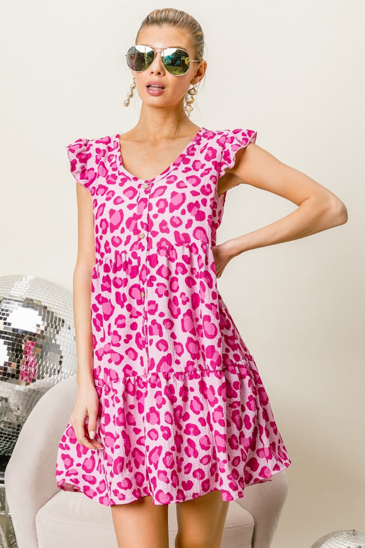 BiBi Leopard Cap Sleeve Tiered Mini Dress-2