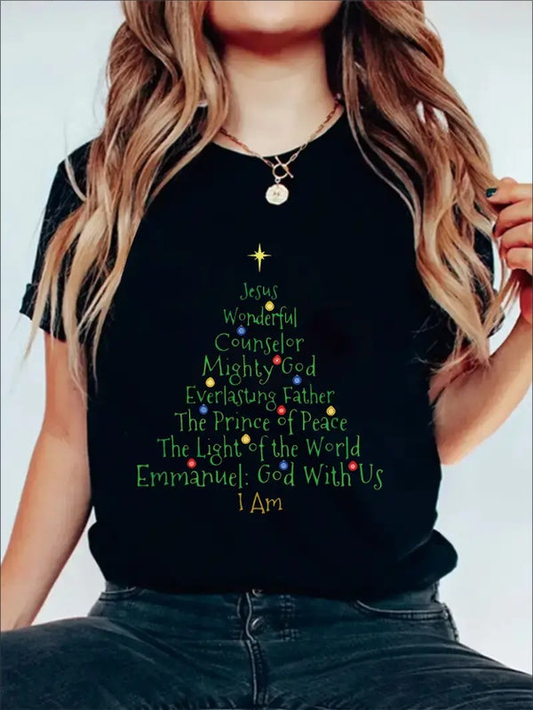 Festive Christmas Tree & Letter Print T-Shirt - Casual Round Neck, Short Sleeve Top For Women - Soft  Machine Washable