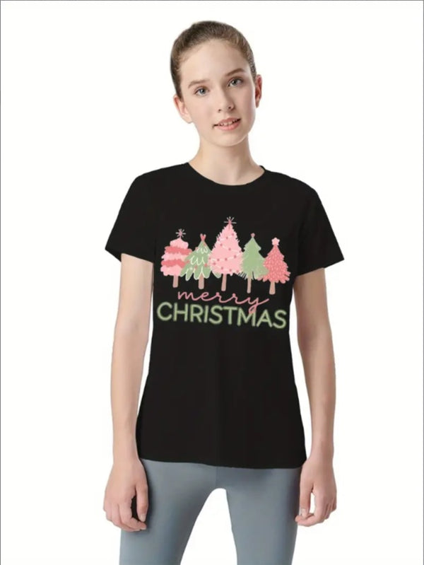 Women'S Christmas Tree Graphic T-Shirt, Casual Sports Crew Neck, Regular Fit, Summer Style, European And American Teen Girl Fashion