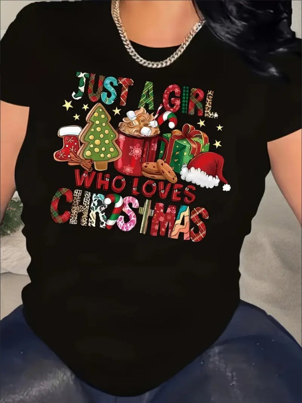 Women's Plus Size Christmas T-Shirt, Black Round Neck,Regular Sleeve, Short Length, Festive Lettering, Pullover All Seasons