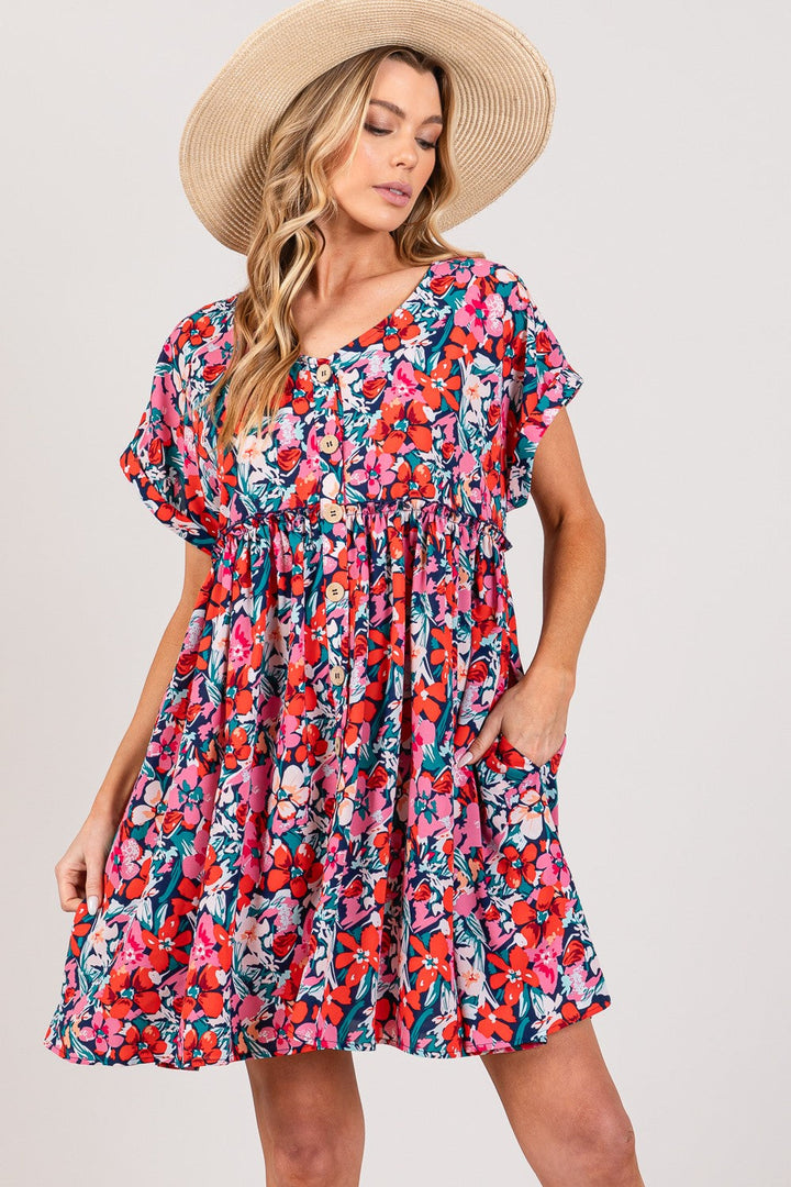 SAGE + FIG Floral Button Down Short Sleeve Mini Dress-0