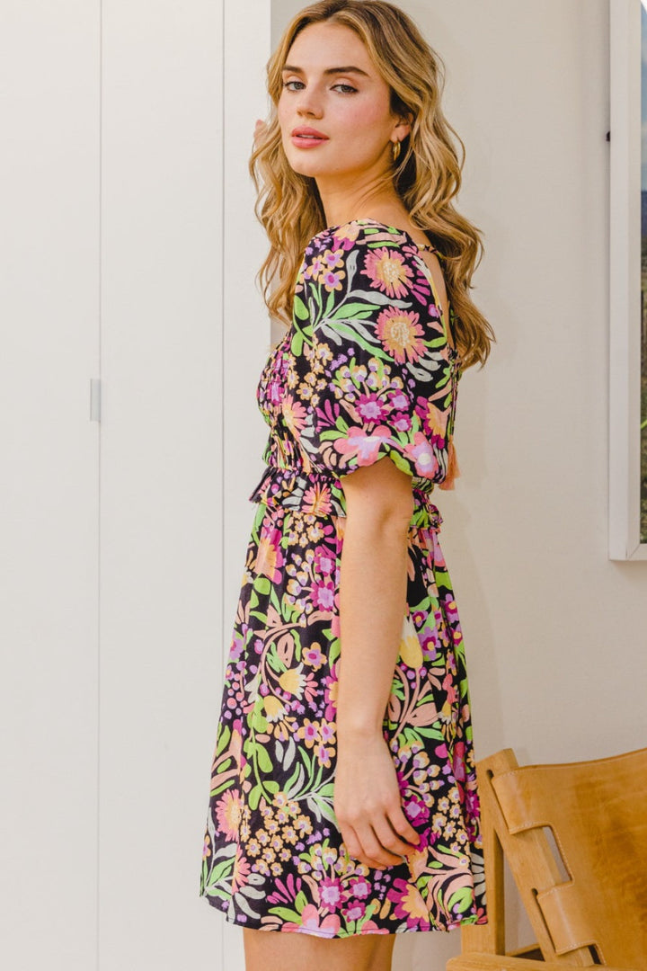 ODDI Full Size Floral Tie-Back Mini Dress-3