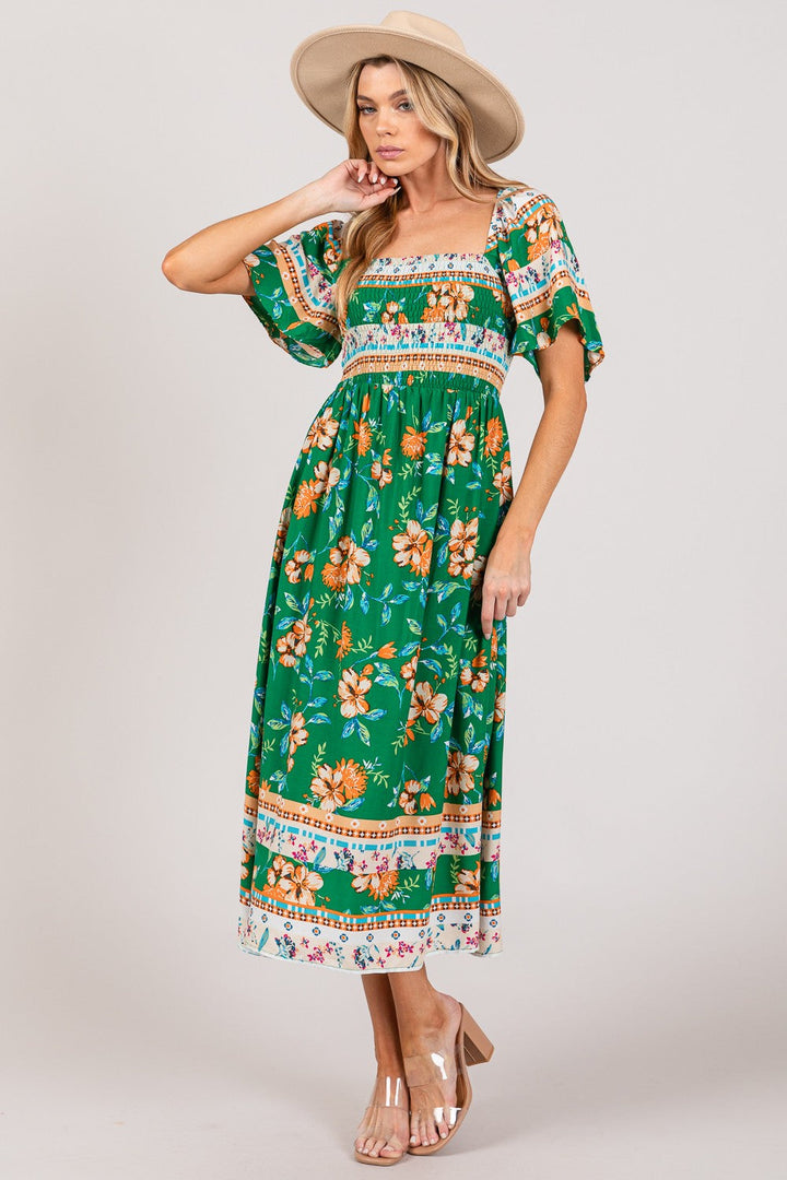 SAGE + FIG Printed Smocked Short Sleeve Midi Dress-4