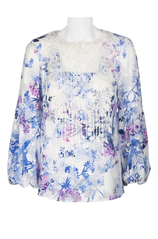 T Tahari Crew Neck Bishop Sleeve Pleated Lace Multi Print Paisley Blouse-0