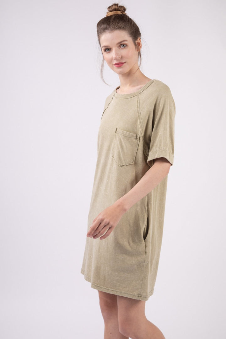 VERY J Washed Round Neck Mini Tee Dress-2