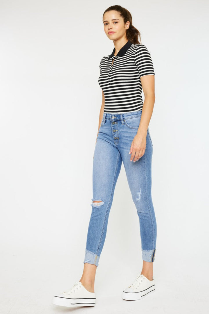 Kancan Distressed Cat's Whiskers Button Fly Jeans-3