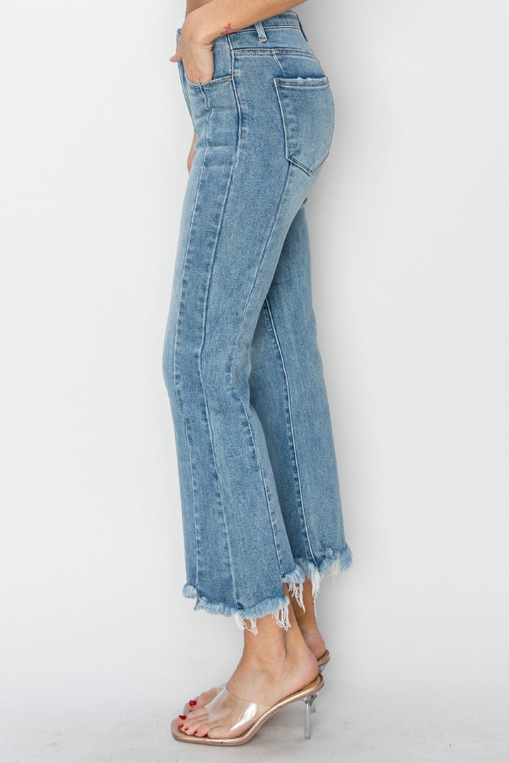 RISEN Full Size High Rise Frayed Hem Flare Jeans-2