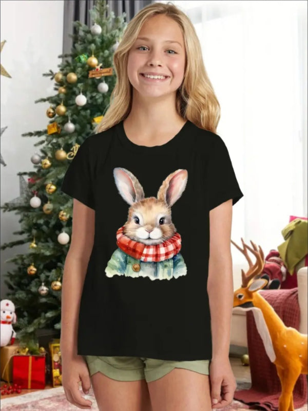 Youth Christmas Rabbit Print Casual Sports Crew Neck T-Shirt, Regular Fit, For Summer Wear