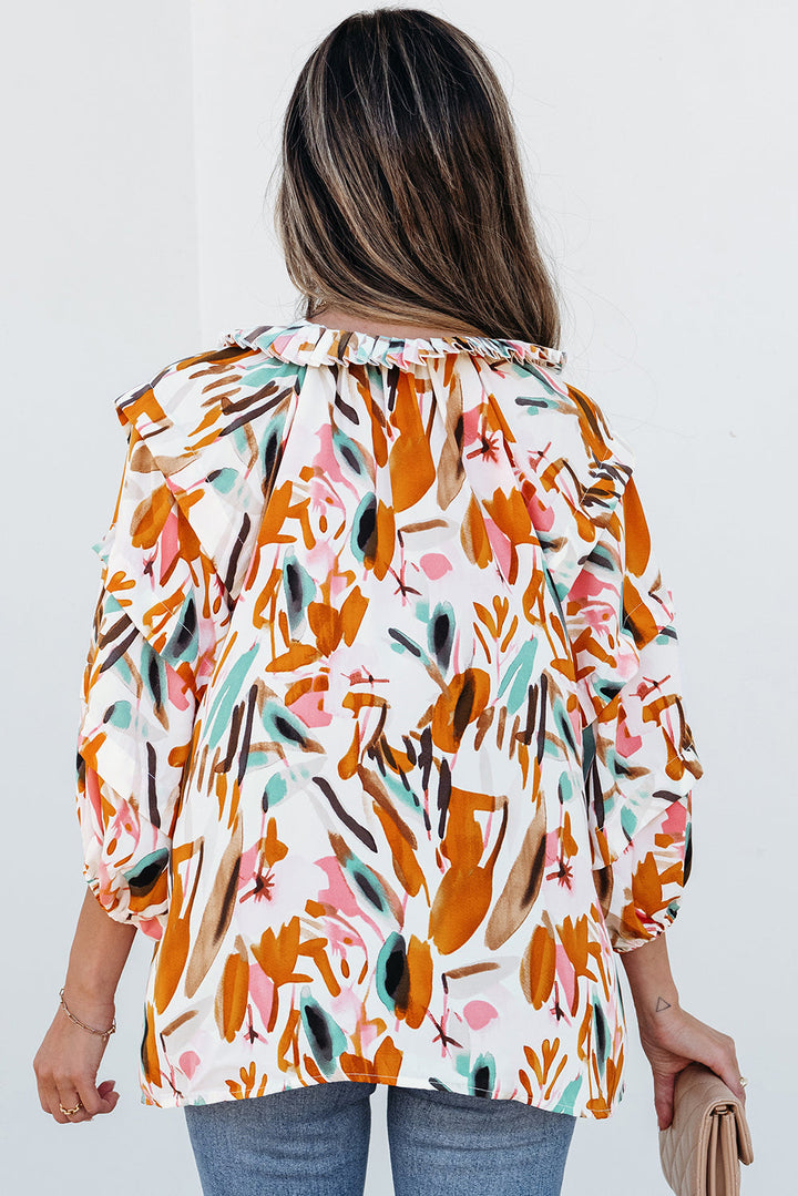 Aurelia Drawstring Frilled V Neck 3/4 Sleeve Blouse-1