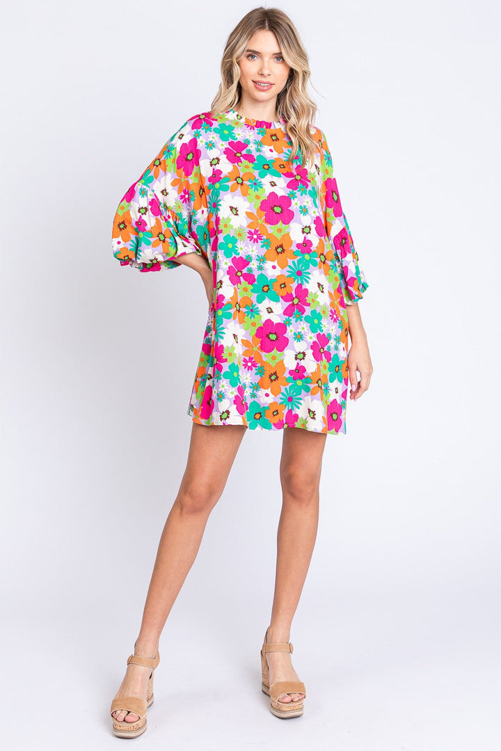 GeeGee Full Size Floral Round Neck Lantern Sleeve Mini Dress-4