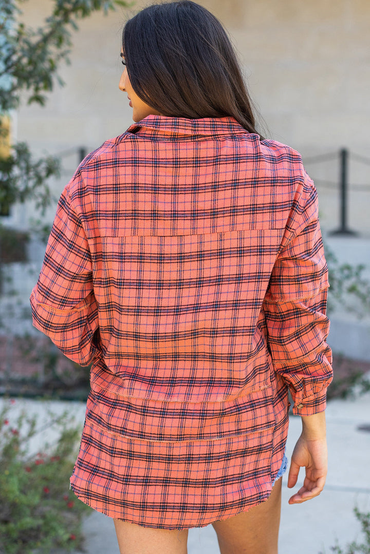Plaid Long Sleeve Side Split Distressed Shirt-1