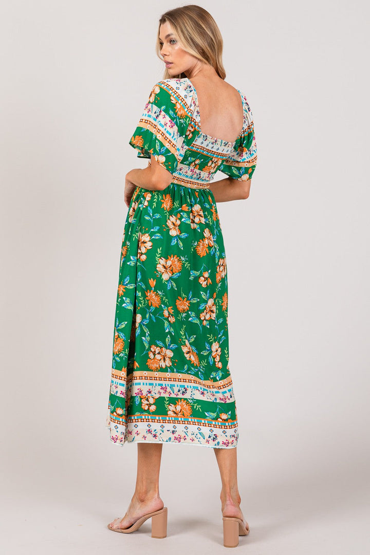 SAGE + FIG Printed Smocked Short Sleeve Midi Dress-1