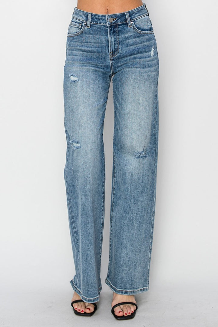 RISEN Full Size High Waist Distressed Wide Leg Jeans-4