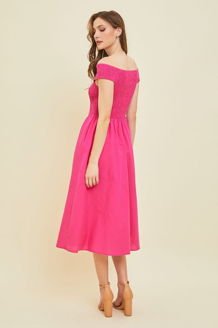 HEYSON Off-Shoulder Smocked Midi Dress-1