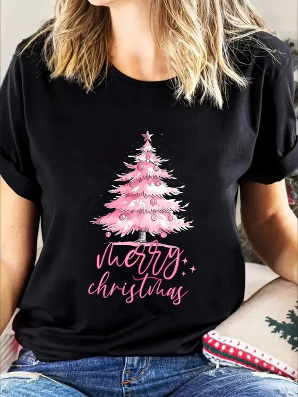 Women's Festive Pink Christmas Tree Cartoon Print T-Shirt , Short Sleeve, Crew Neck Top For All Seasons