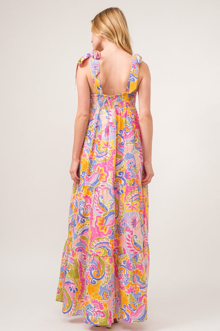 And The Why Full Size Printed Tie Shoulder Tiered Maxi Dress-1