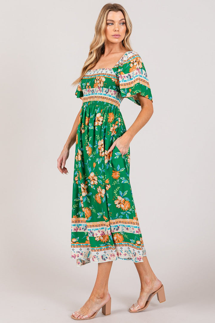 SAGE + FIG Printed Smocked Short Sleeve Midi Dress-3