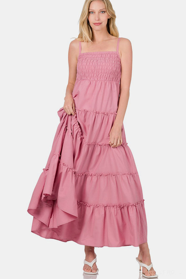 Zenana Woven Smocked Tiered Cami Maxi Dress-0