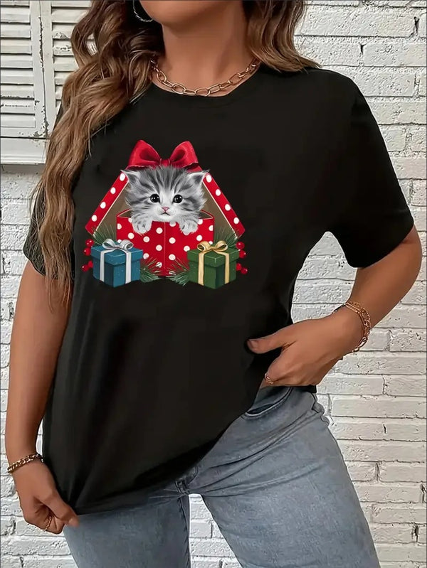 Women'S Christmas Kitten Graphic Tee,  Medium Stretch Crew Neck Short Sleeve T-Shirt, Casual Sports Style, All Season Animal Print Top