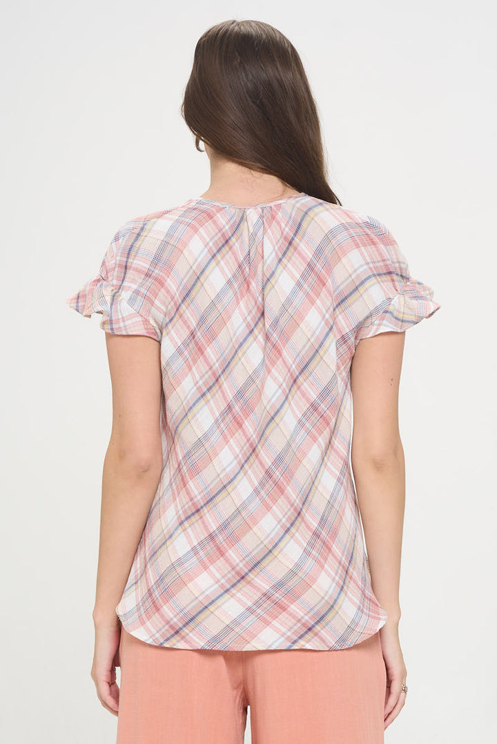 Plaid Short Sleeve V neck Top with Ruffle Sleeve and Tie-3