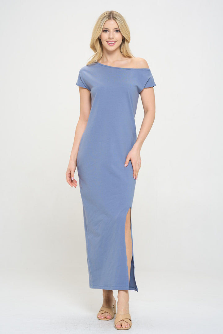 Solid Off the Shoulder Maxi Dress with Slit-2