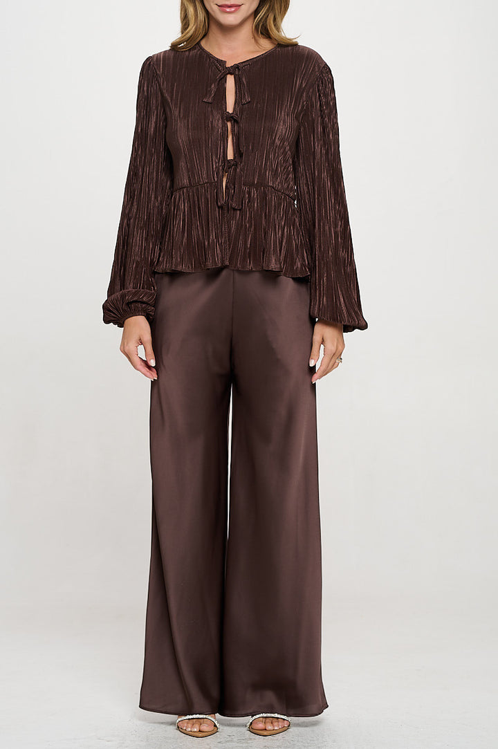 Plisse Long Puff Sleeve Top with Open Front Tie Detail-1