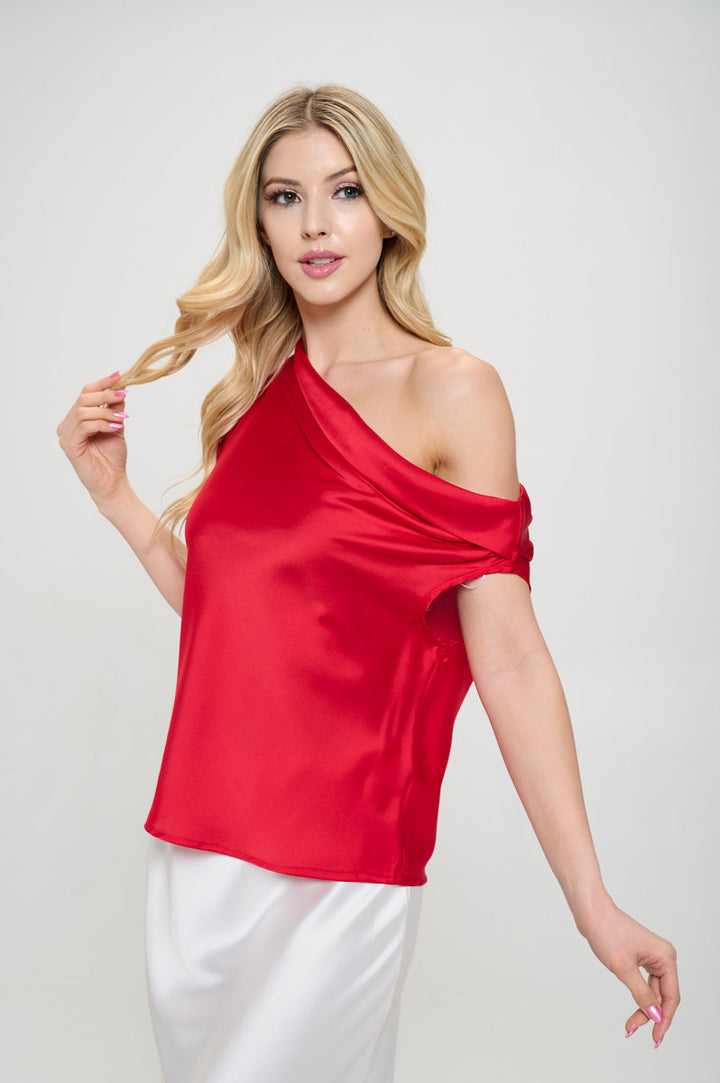 Dropped Shoulder Long Sleeve Satin Top-1