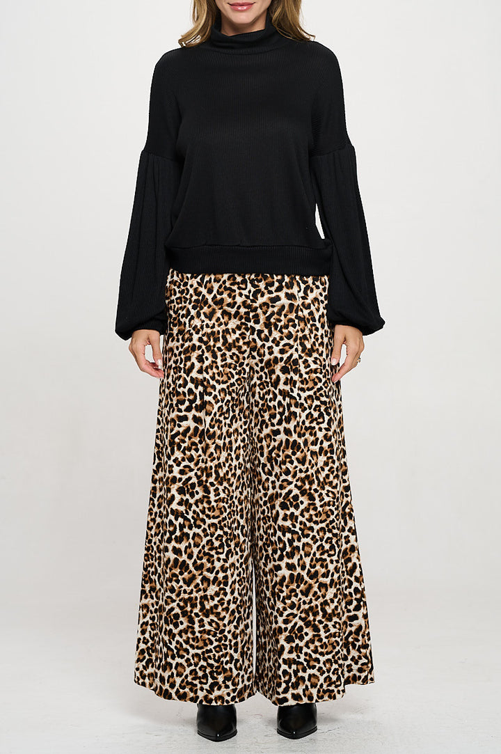 Rib Knit Turtleneck Top with Balloon Cuffed Sleeve-1