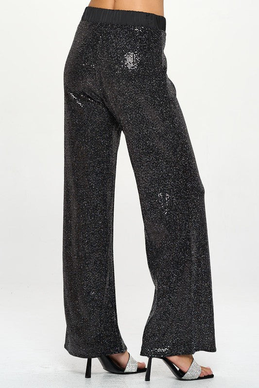 Sequins Wide Leg Pants with Satin Waistband-2