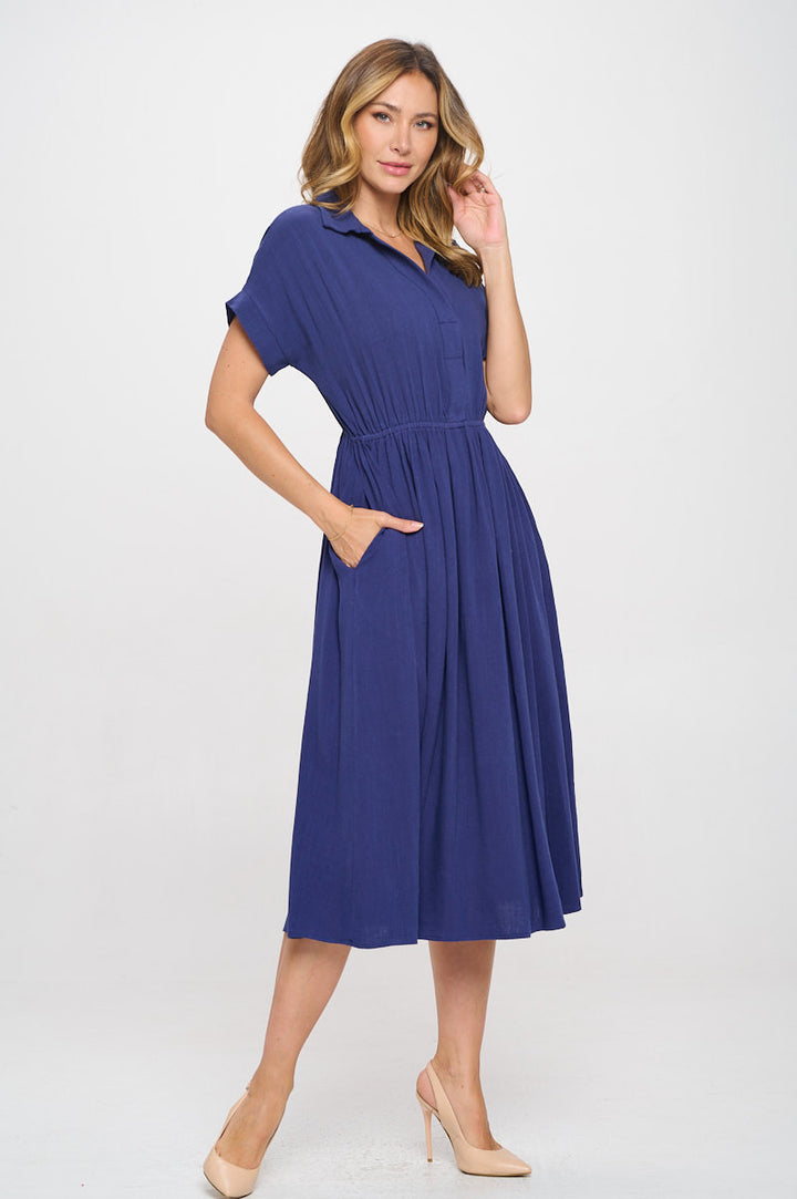 Linen Solid Collared V neck Dress with Pockets-3