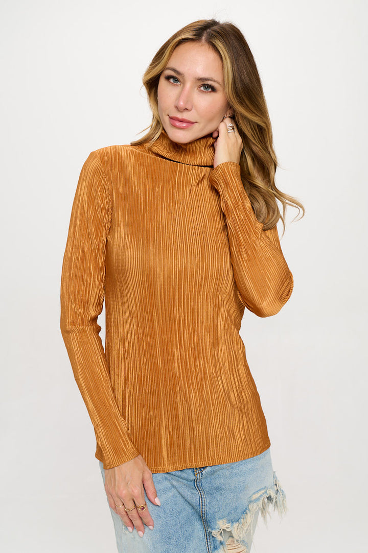 Plisse Long Sleeve Mock Neck Top-0
