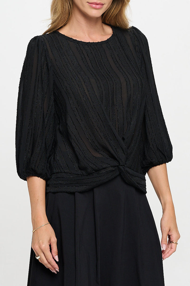 Textured Sheer 3/4 Sleeve Top with Front Twist-2
