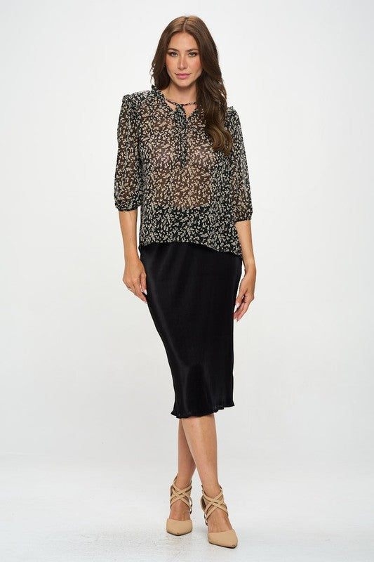 Print Semi Sheer Top with Tie-4