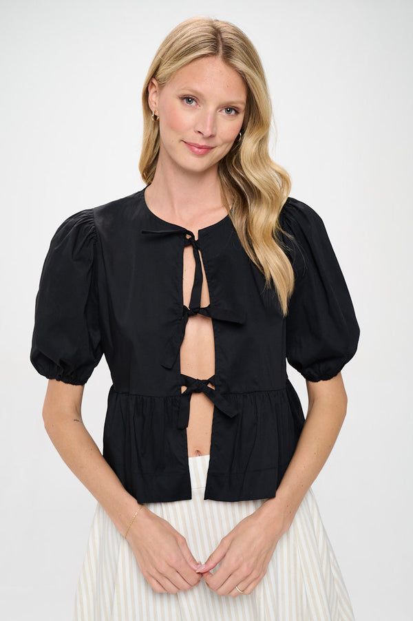Cotton Puff Sleeve Top with Front Tie Detail-0