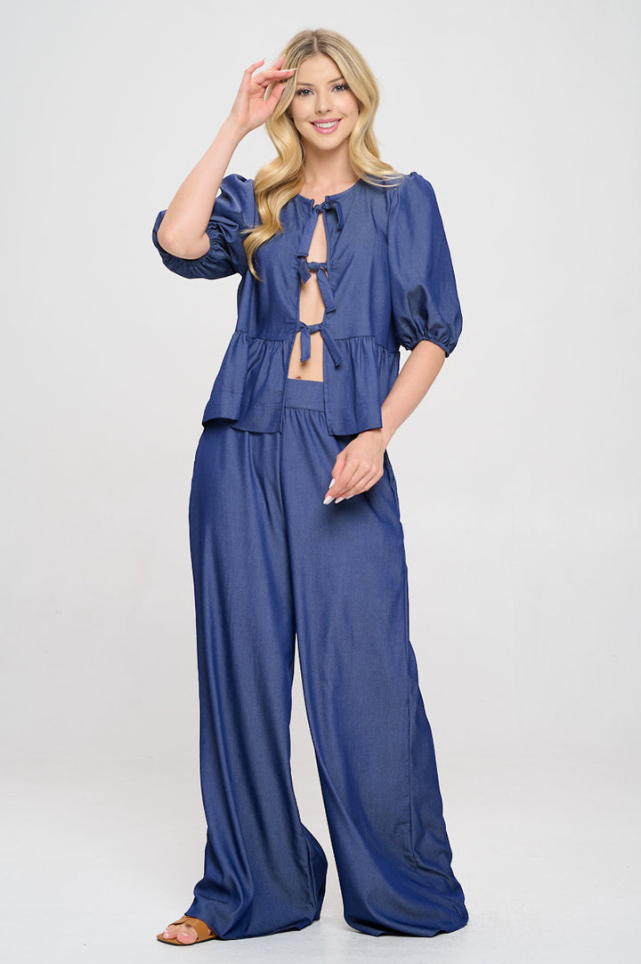 Denim Tencel Puff Sleeve Top with Front Bow Detail-1