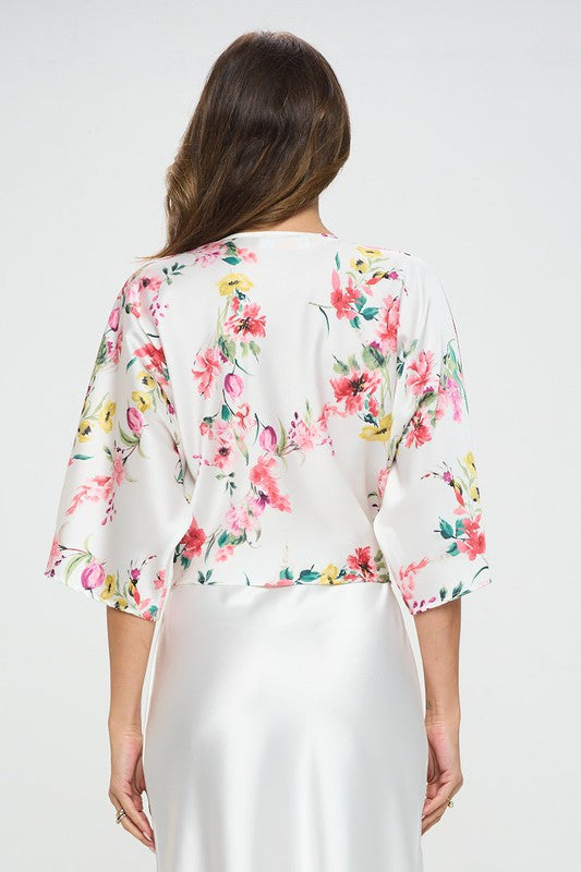 Floral Print Short Sleeve Satin Top with Front Twist-3