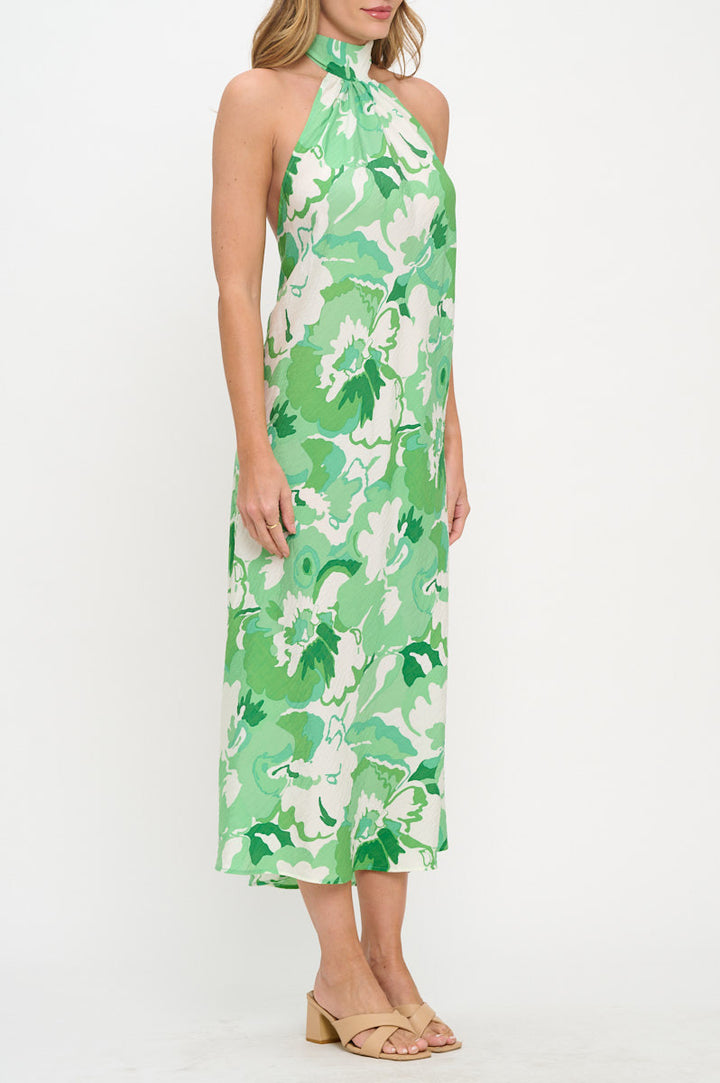 Floral Print Halter neck Backless Midi Dress-2
