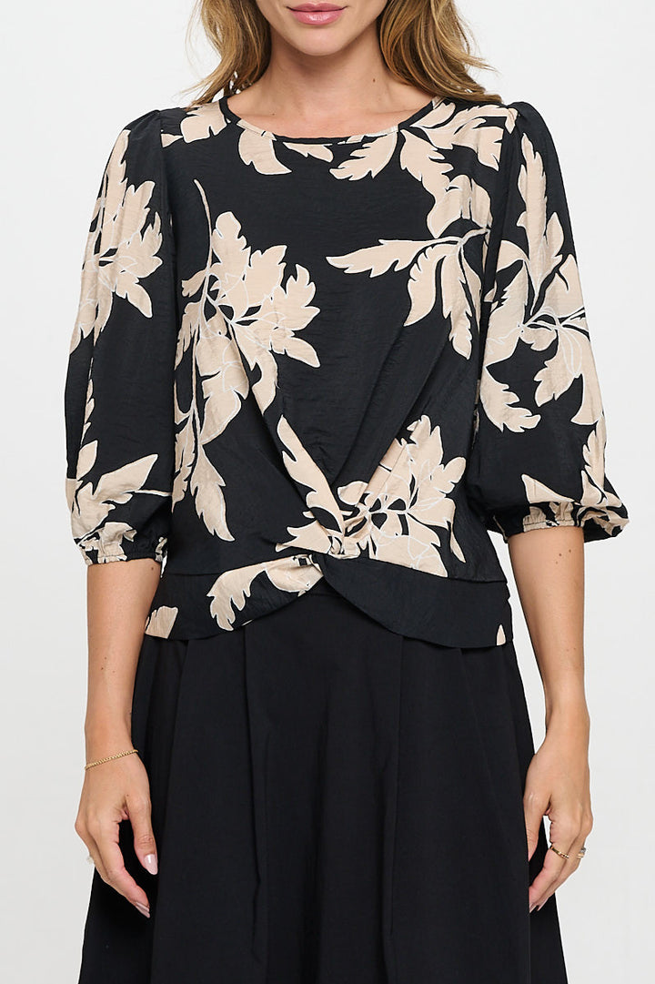 Floral Print 3/4 Sleeve Top with Front Twist-1