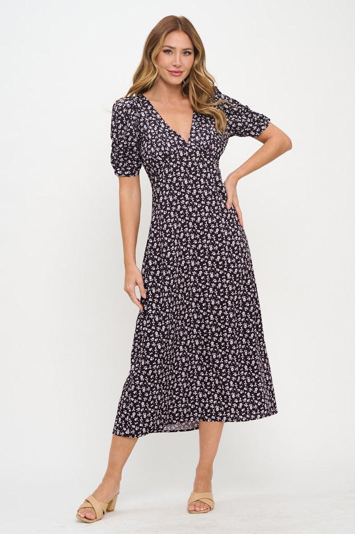Floral Print V neck Midi Dress-4