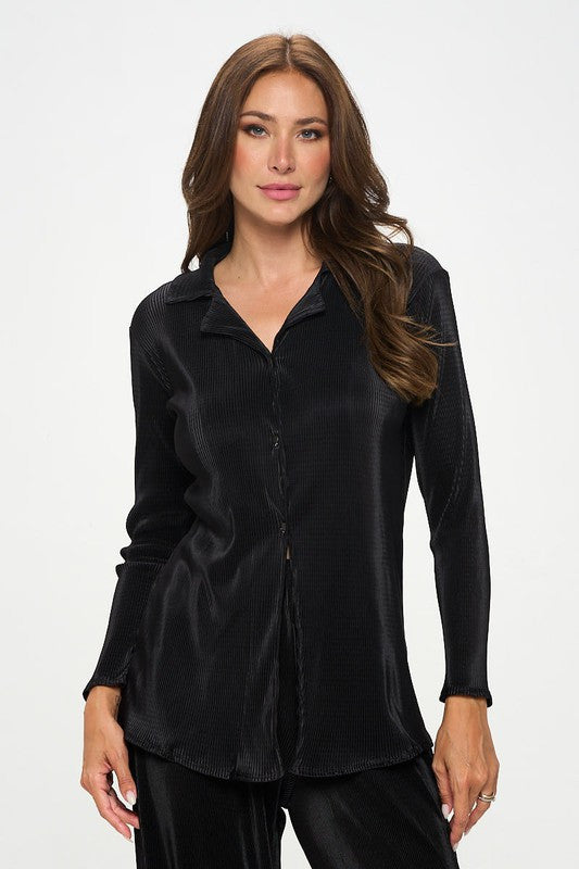Plisse Solid Button Down Top with Collar-2