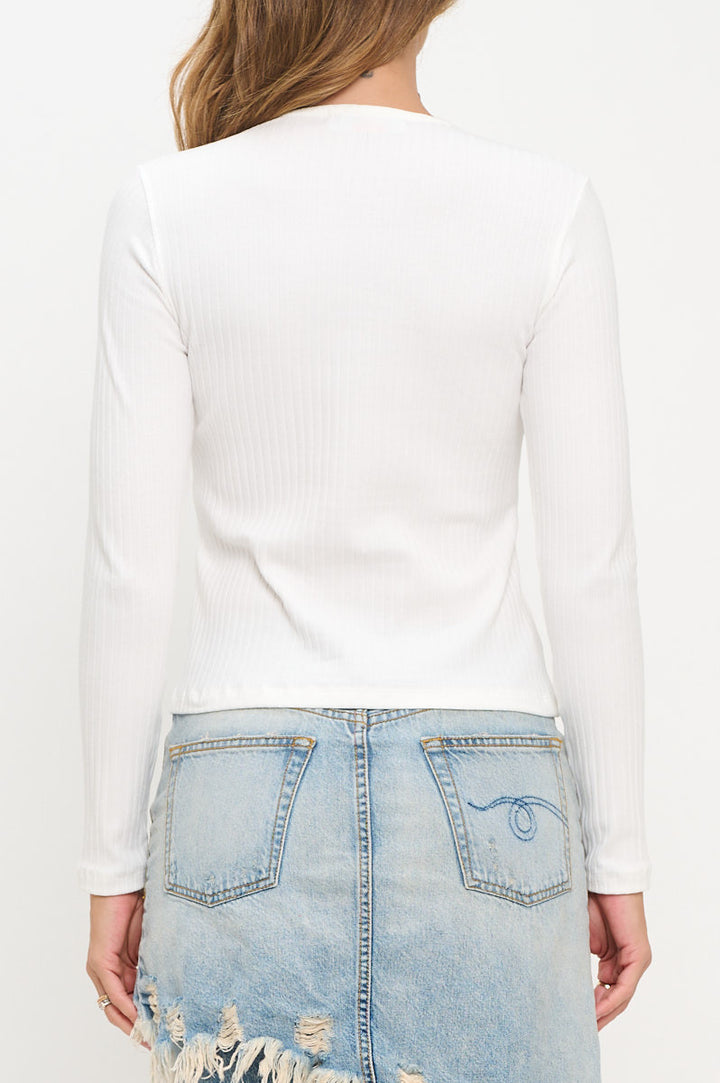 Rib Knit Long Sleeve Top with Front Tie Detail-3