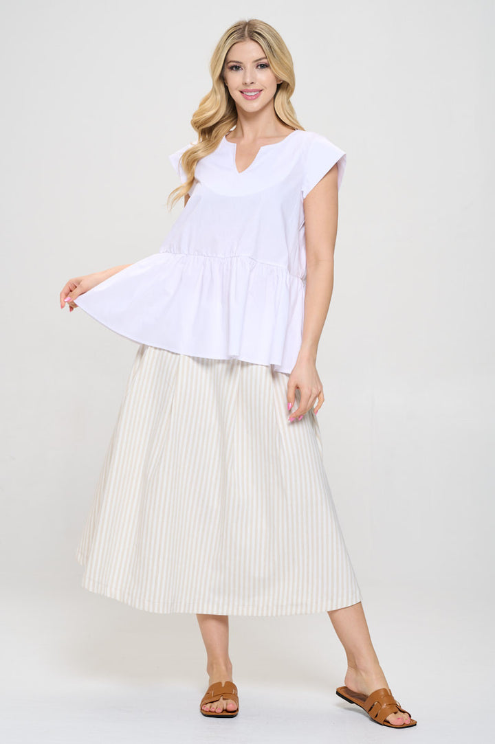 Cotton V neck Short Sleeve Top with Tiered Hem-4