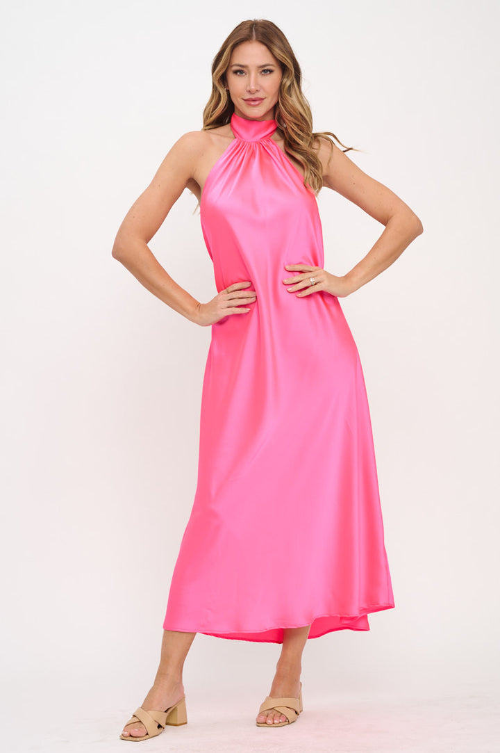 Solid Satin Halter neck Backless Midi Dress-4