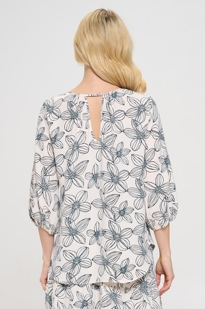 Floral Print V neck 3/4 Sleeve Top-3