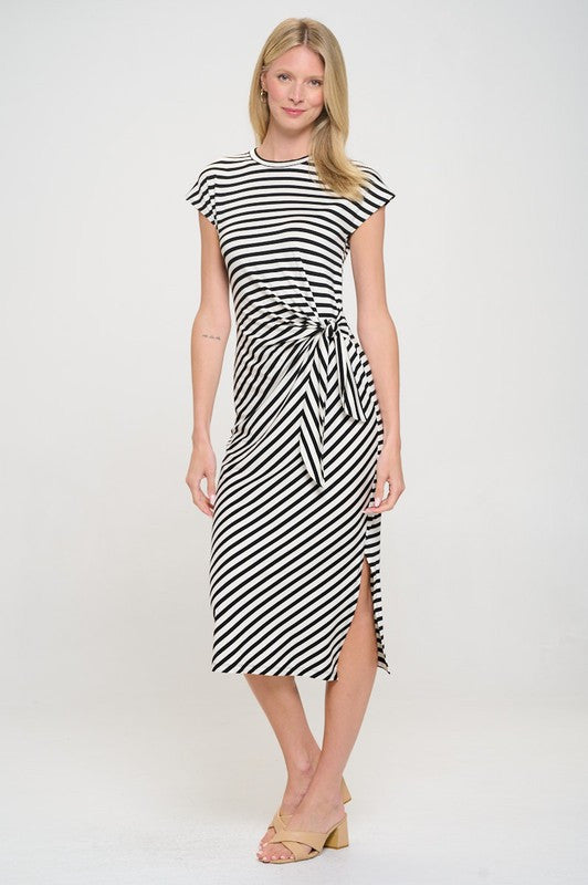 Striped Knit Bodycon Midi Dress with Front Tie and Slit-3