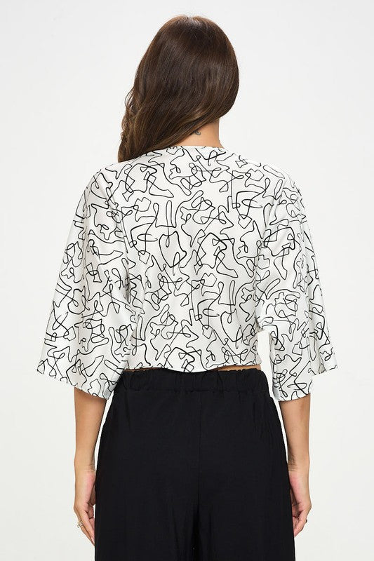 Satin Print Mid Sleeve Top with Front Twist-4