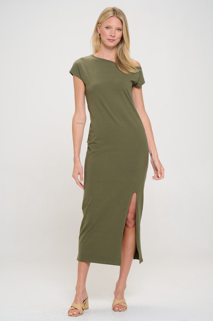 Solid Off the Shoulder Maxi Dress with Slit-2