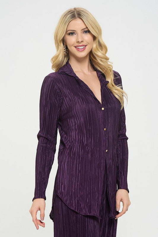 Plisse Solid Button Down Top with Collar-2