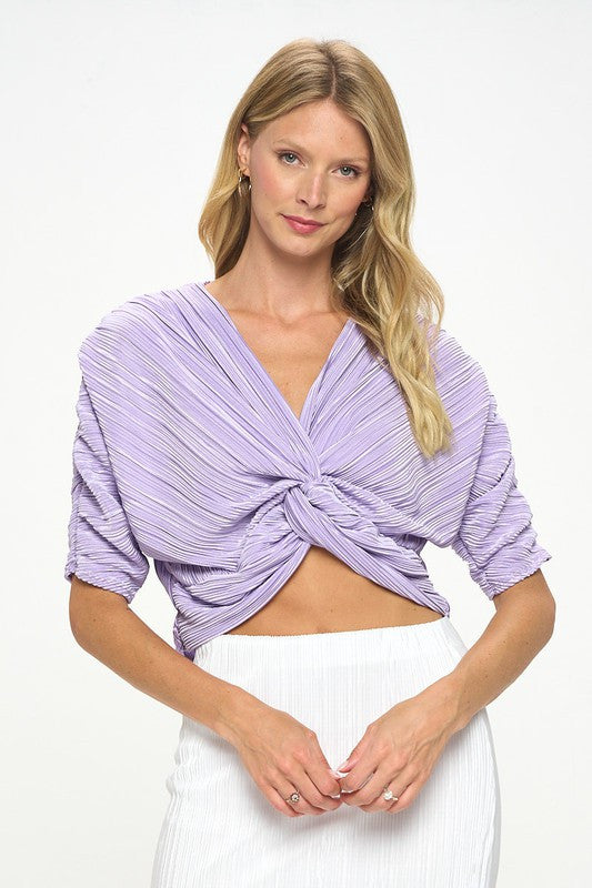 Plisse Mid Scrunched Sleeve Top with Front Twist-0