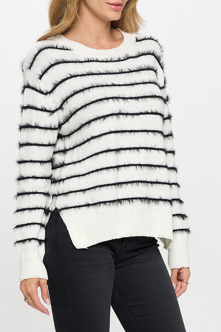 Striped Fuzzy Long Sleeve Pullover Crewneck with Side Slit-2